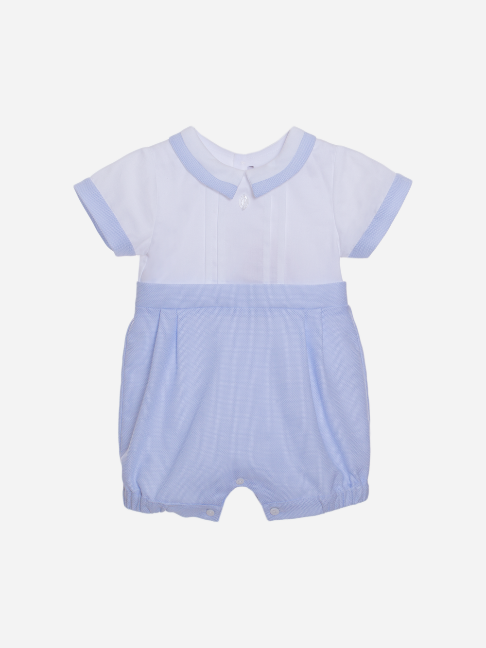 Macacão de bebé menino azul e branco em piquet e cetim