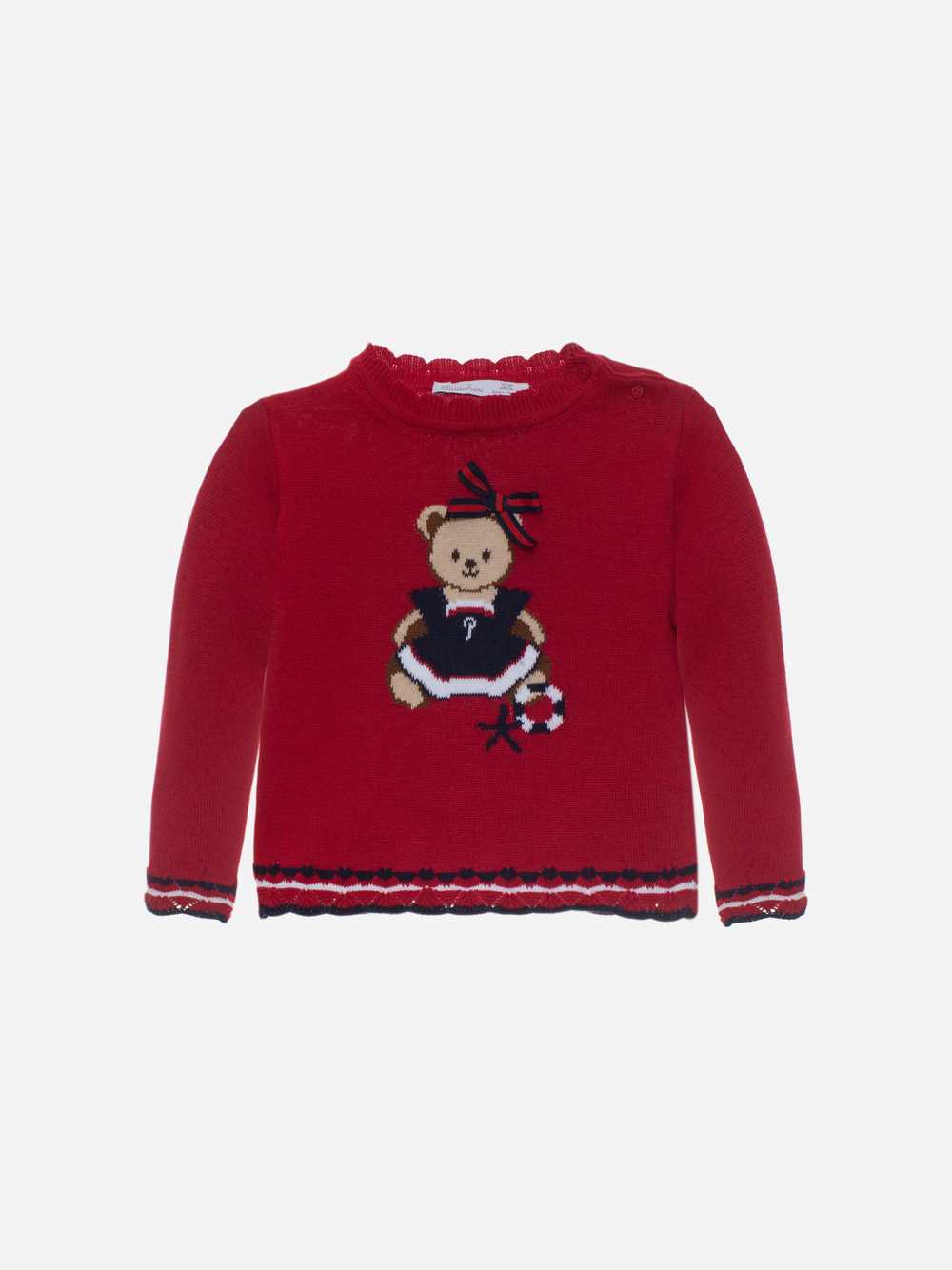 Camisola de malha vermelha com um urso bordado