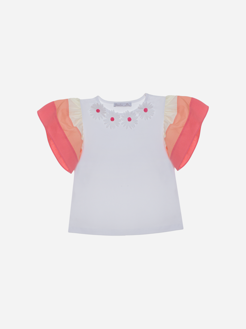 T-shirt de menina branca com detalhes em coral