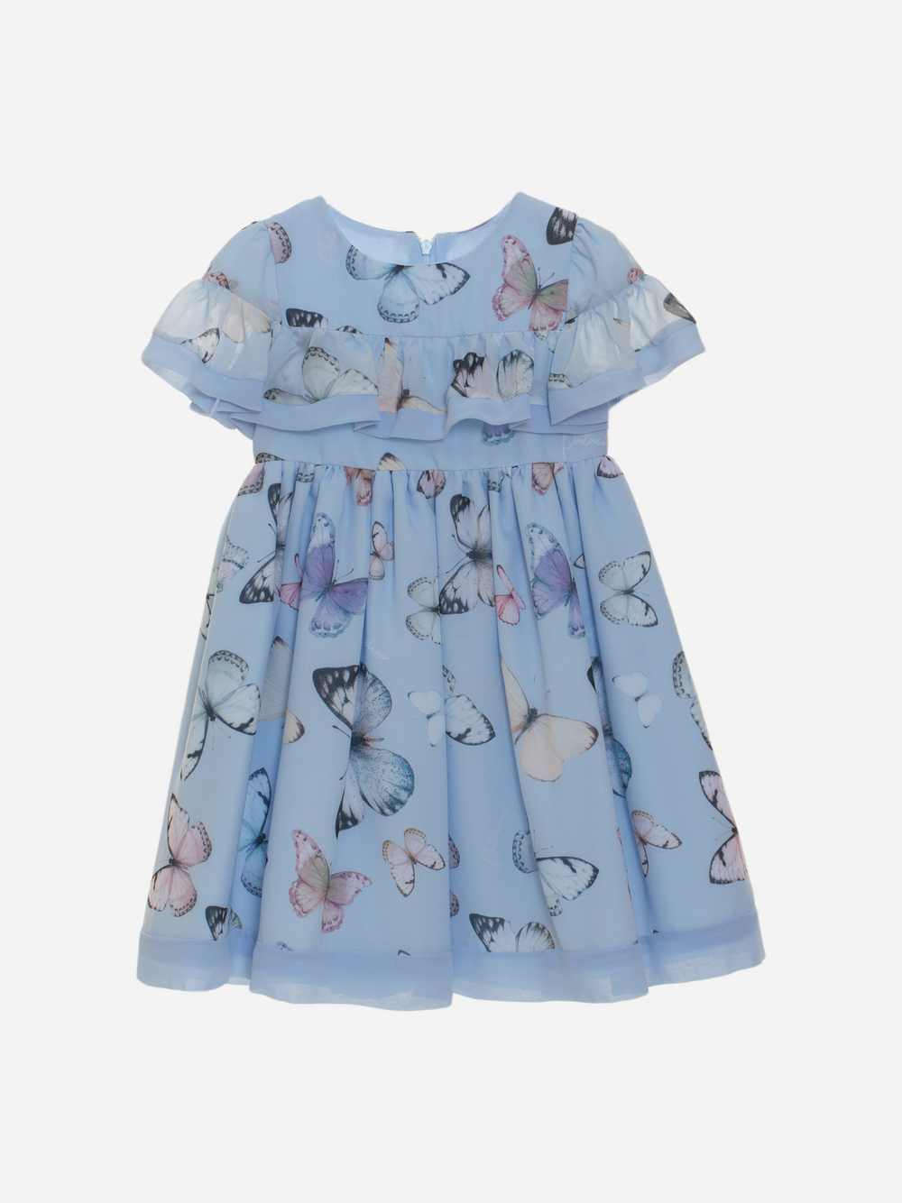 Vestido de menina azul com estampado de borboletas