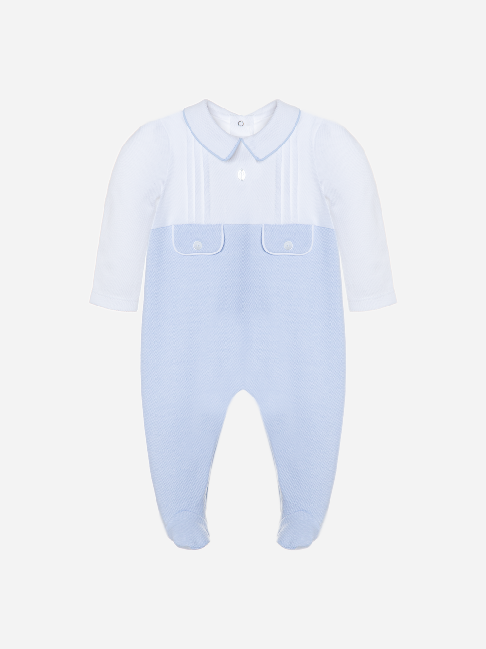 White and blue jersey babygrow