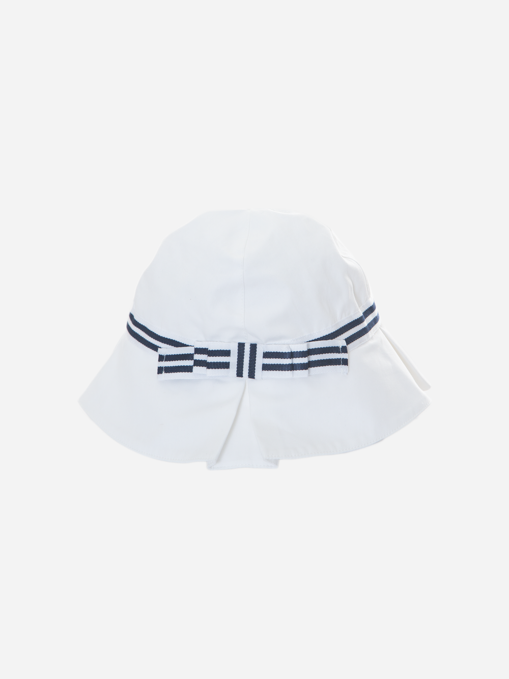 White hat decorated with a striped bow