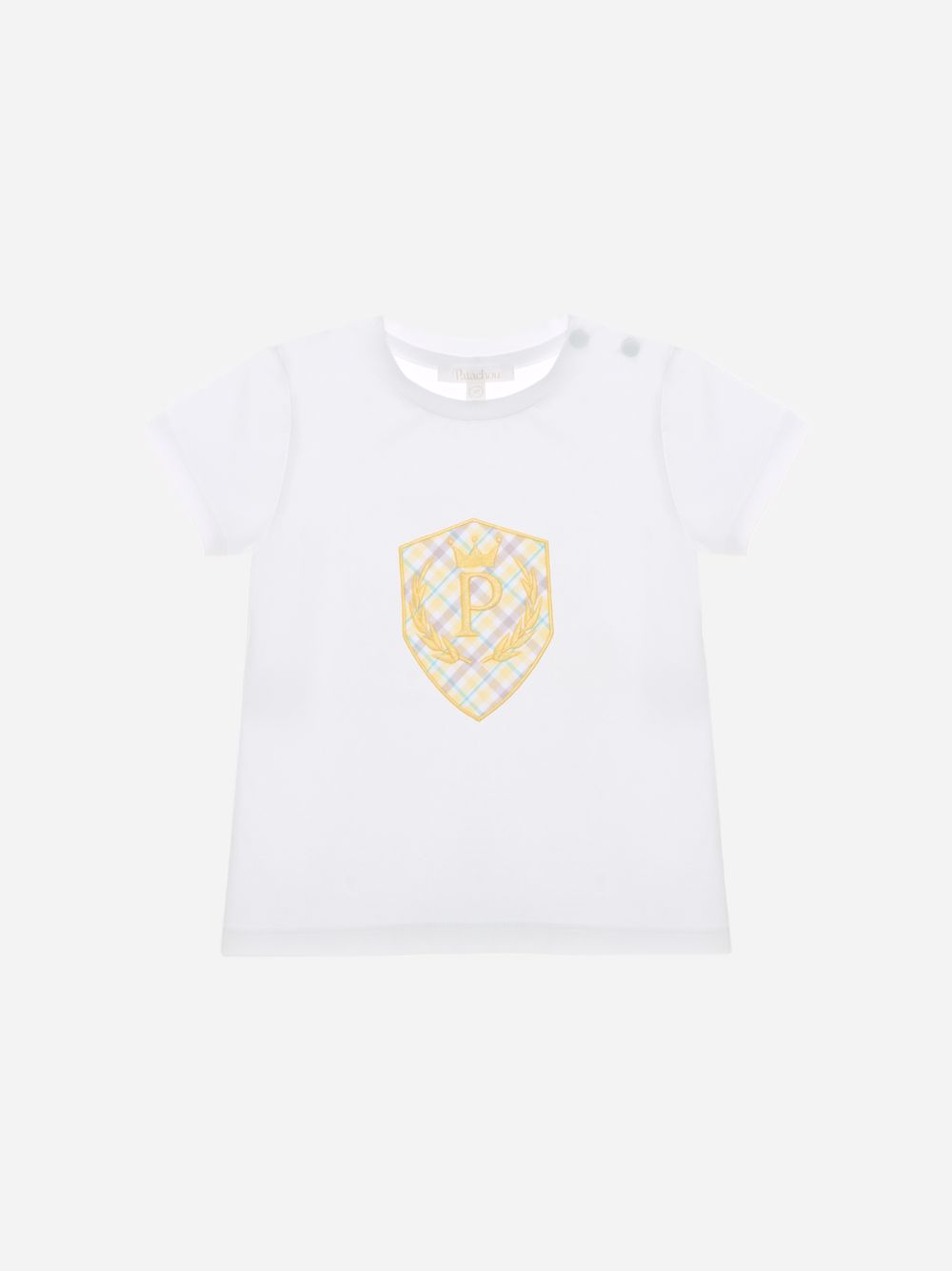 White t-shirt with yellow emblem embroidery