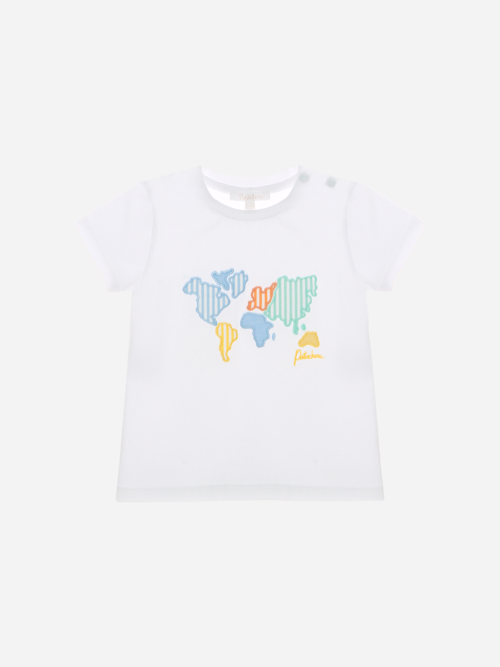 White t-shirt with multicolor world map