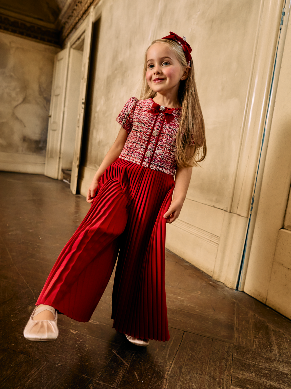 patachou red tweed dress Patachou Girls Red Tweed Velvet Bow Dress