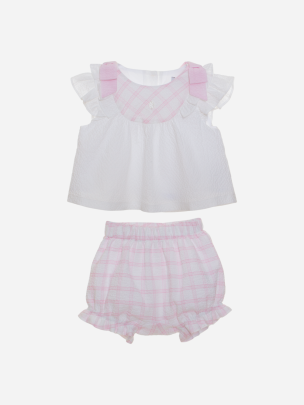 White and pink checkered blouse and shorts set