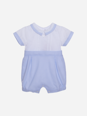 Blue and white baby boy's romper in piquet and satin