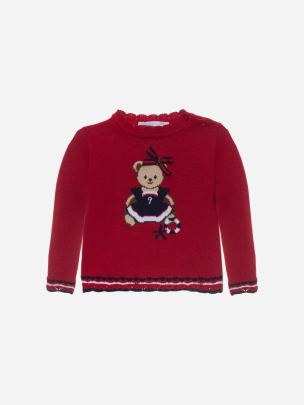 Camisola de malha vermelha com um urso bordado