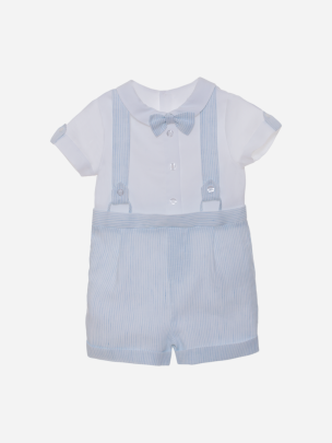 Boy's white and blue jumpsuit with bow and suspenders