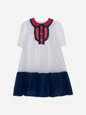 White dress with red and navy blue details