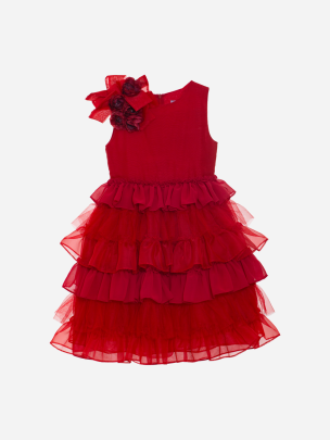Red couture dress with flower appliqué