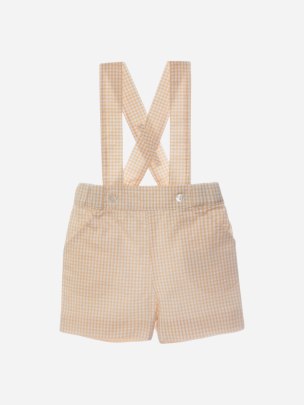 Beige seersucker checkered overall shorts