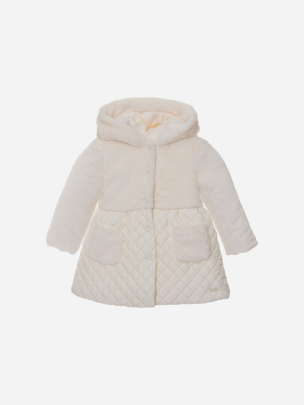 Ecru fur and quilted raincoat