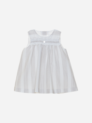 White and beige stripes cotton dress with smocked chest