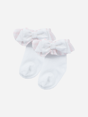 White Socks with Pink Stripes Frill and White Bow