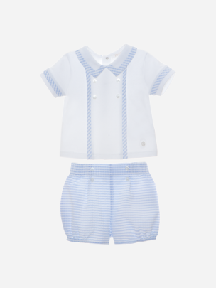 Conjunto azul de bebé menino com padrão xadrez