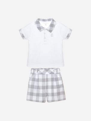 Polo and shorts set in white jersey and grey check linen