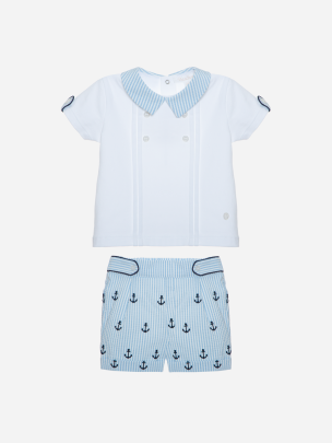 White polo and embroidered stripes shorts set