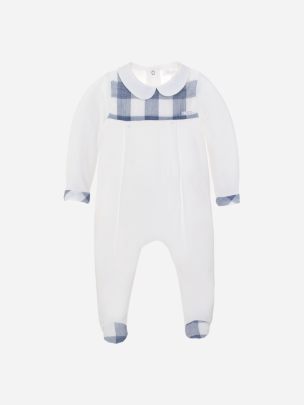 White and blue check babygrow