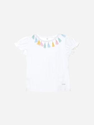 White jersey t-shirt with multicolor fringes