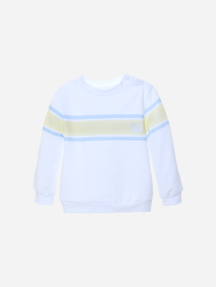 White sweater with blue and yellow stripes
