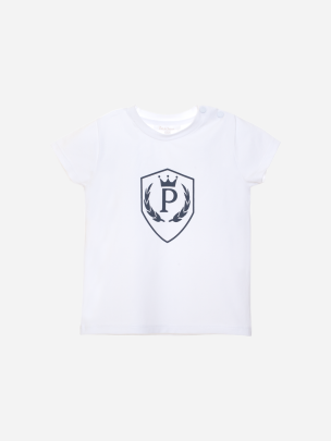 White t-shirt with navy blue emblem embroidery