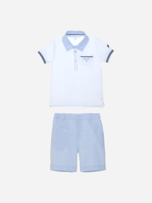 White polo and blue embroidered shorts set