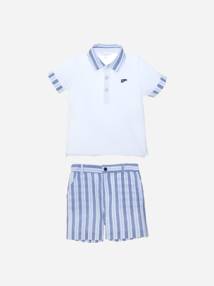 White and navy striped polo and shorts set 
