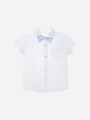 White shirt with blue striped bow