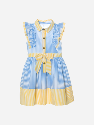 Blue and yellow striped dress with bow
