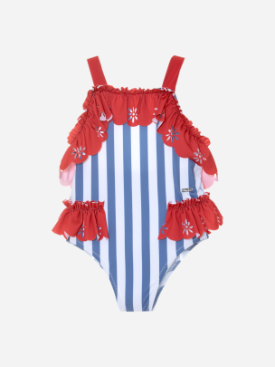 Marine stripes swimsuit with red frills