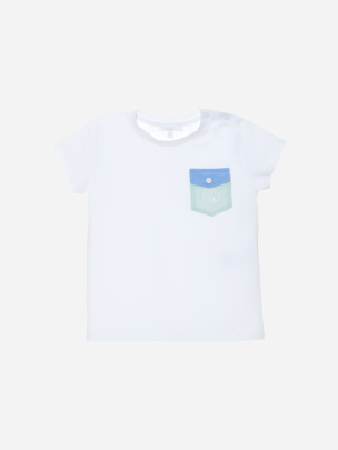 White t-shirt with blue and aqua green pocket